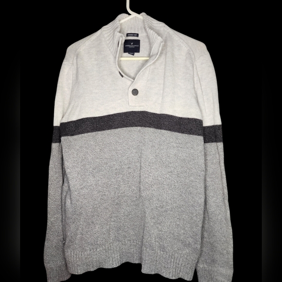 American Eagle Seriously Soft Gray Color Block 1/4 Button Mock Neck Sweater - Picture 1 of 6